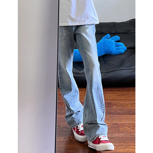 浅蓝色弯刀牛仔裤男夏季薄款美式vibe裤子高街痞帅显瘦微喇直