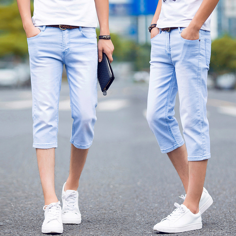夏季薄款七分牛仔裤男士韩版修身夏天帅气休闲短裤子弹力小脚