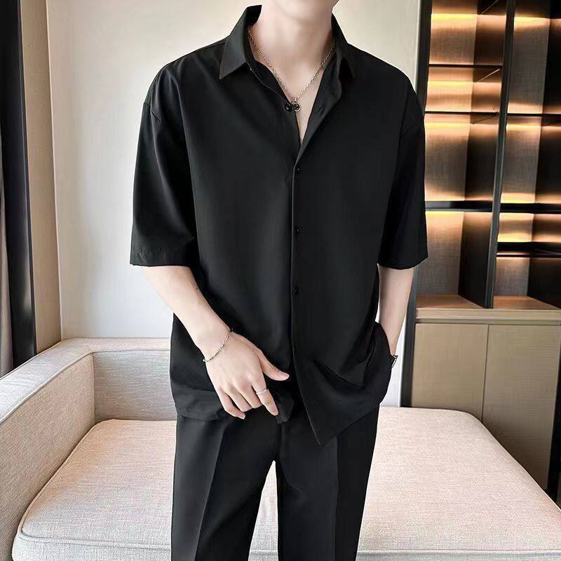 新中式垂感免烫黑色冰丝短袖衬衫男士痞帅夏季休闲白衬衣外贸专供