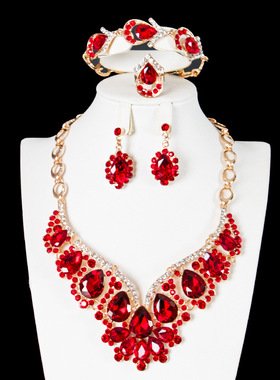 跨境首饰四件套 欧美时尚水晶项链耳环套装女锁骨链礼服宴会配饰