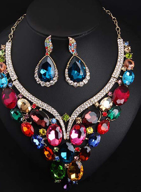 欧美水晶玻璃配件锁骨项链耳环套装新娘宴会夸张女配饰批发