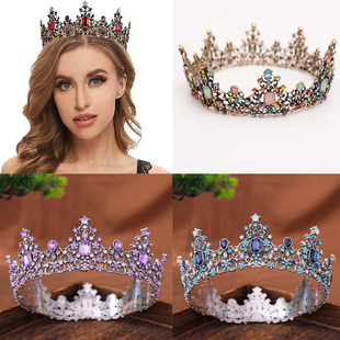 欧美复古奢华整圈皇冠头饰合金七色钻公主选美派对新娘王冠发饰