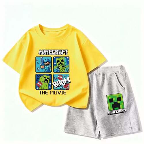 我的世界衣服男童拼色套装夏季儿童纯棉Minecraft短袖t恤短裤两件
