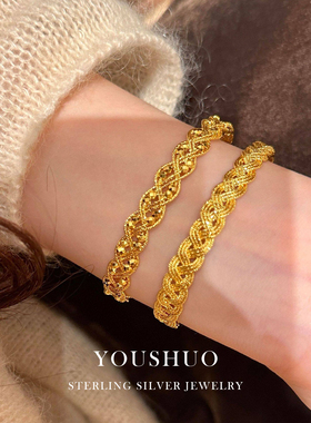 S925纯银蕾丝麻花麦穗蹦迪珠抽拉手镯女款复古轻奢小红书爆款手环