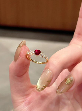 s925纯银怦然心动红心红宝石石榴红戒指女中古风感小众设计指环