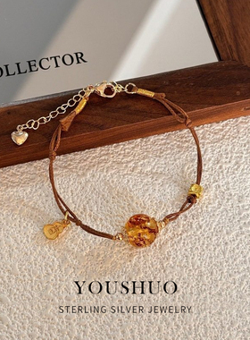 【千金】原创天然花珀编绳手链女中式民族风女款设计送朋友手饰品