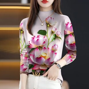 外贸妈妈装中老年加绒加厚半高领打底衫可外穿长袖t恤女时尚洋气