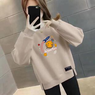 秋冬新款 小众设计感宽松休闲洋气加绒加厚无帽上衣女 圆领卫衣女装