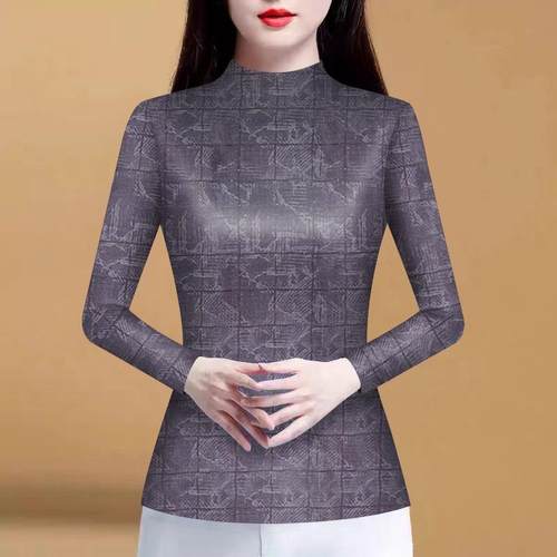 清仓外贸妈妈中老年加绒加厚打底衫印花长袖T恤宽松显瘦遮女上衣