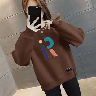 外贸秋冬洋气印花圆领卫衣加绒加厚减龄中年妈妈长袖 宽松简约上衣