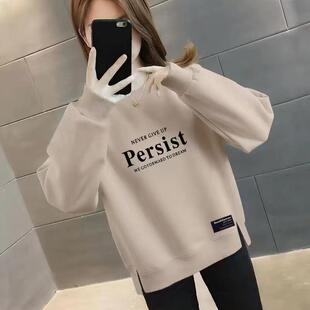 女士圆领上衣女 宽松显瘦不规则高档韩版 加绒加厚秋冬款 卫衣女时尚
