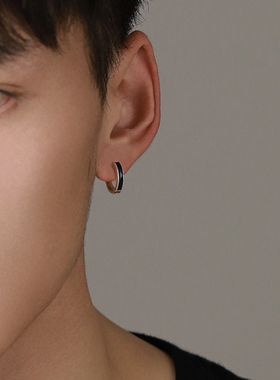 925纯银耳环男潮高级感个性单只简约风黑色耳圈潮流欧美男生耳扣