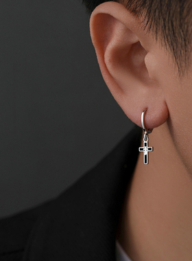925纯银耳环男高级感简约黑色十字架耳坠冷淡风潮牌百搭男款耳扣