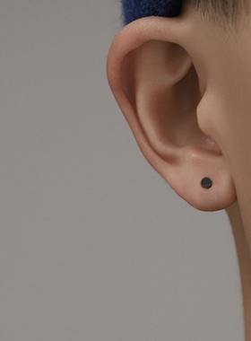 925银养耳洞耳钉男ins潮小众简约单只男士耳环迷你小耳棒耳饰黑色