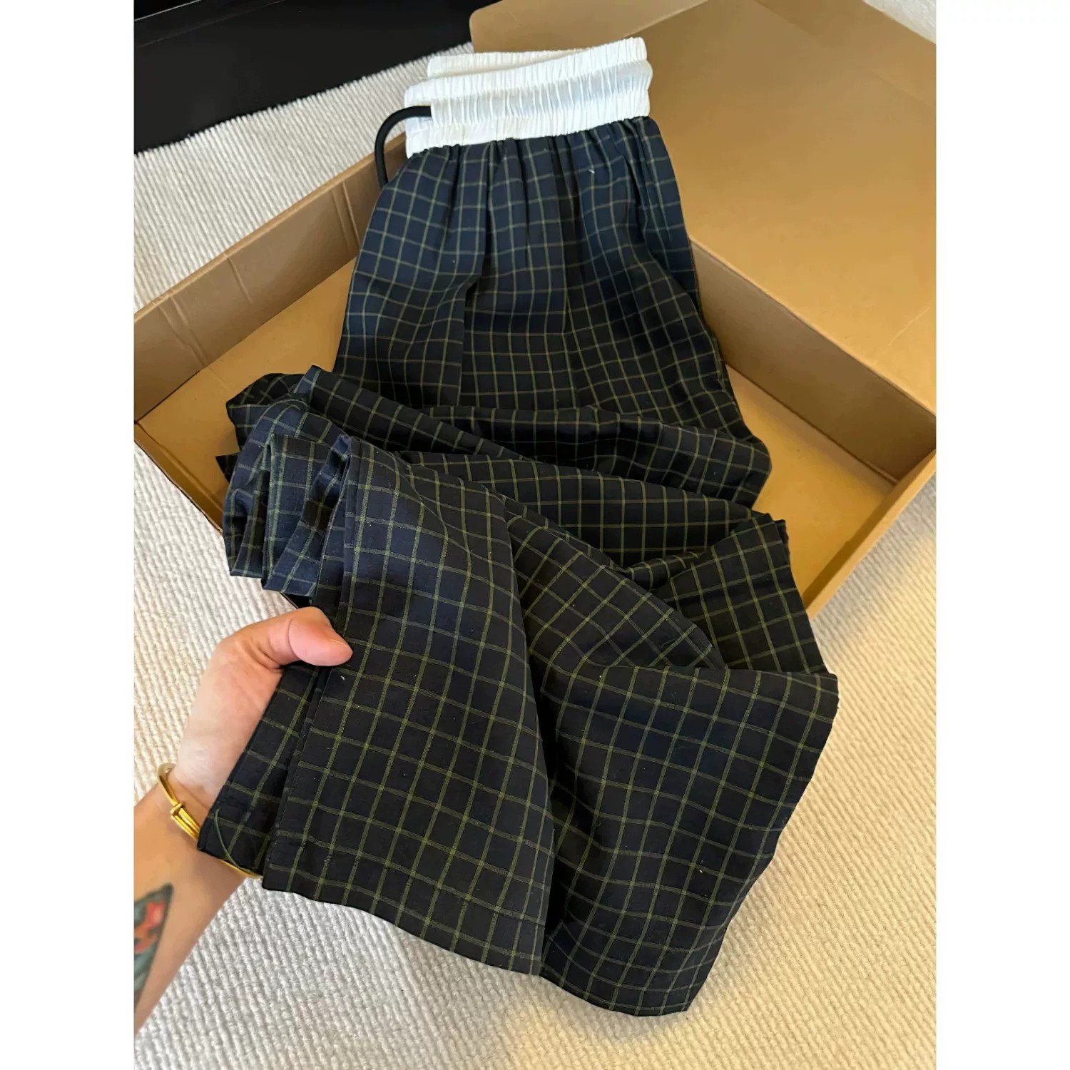 美式复古拼接抽绳格纹休