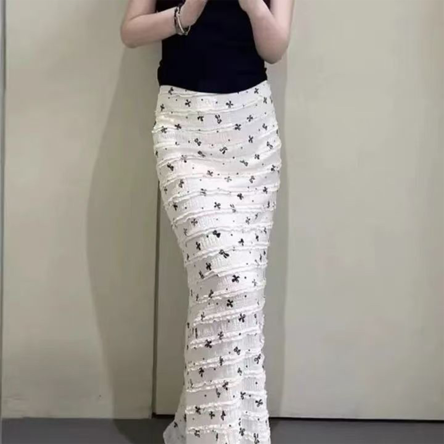 夏季度假蝴蝶结印花蕾丝高腰白色碎花鱼尾半身裙洋气长裙显瘦裙子