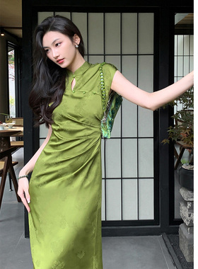 170新中式国风高个子改良旗袍加长版连衣裙到脚踝超长款夏气质裙