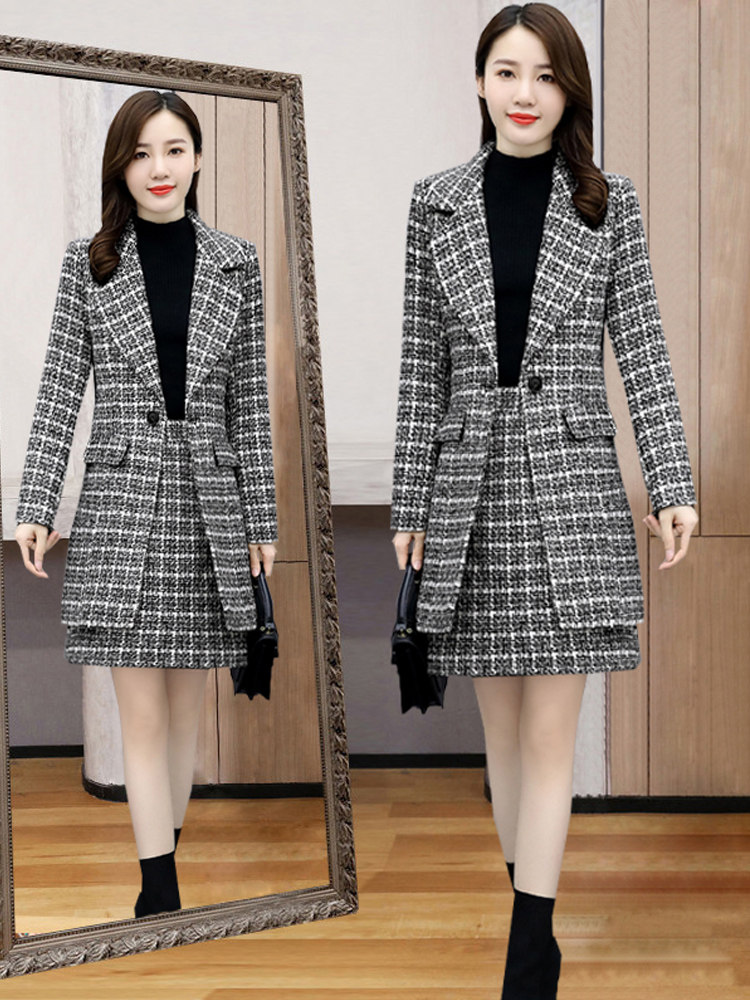 여성을위한 양모 격자 무늬 드레스 2024 새로운 가을 패션 대형 정장 슬림 기질 전문 의류 세트