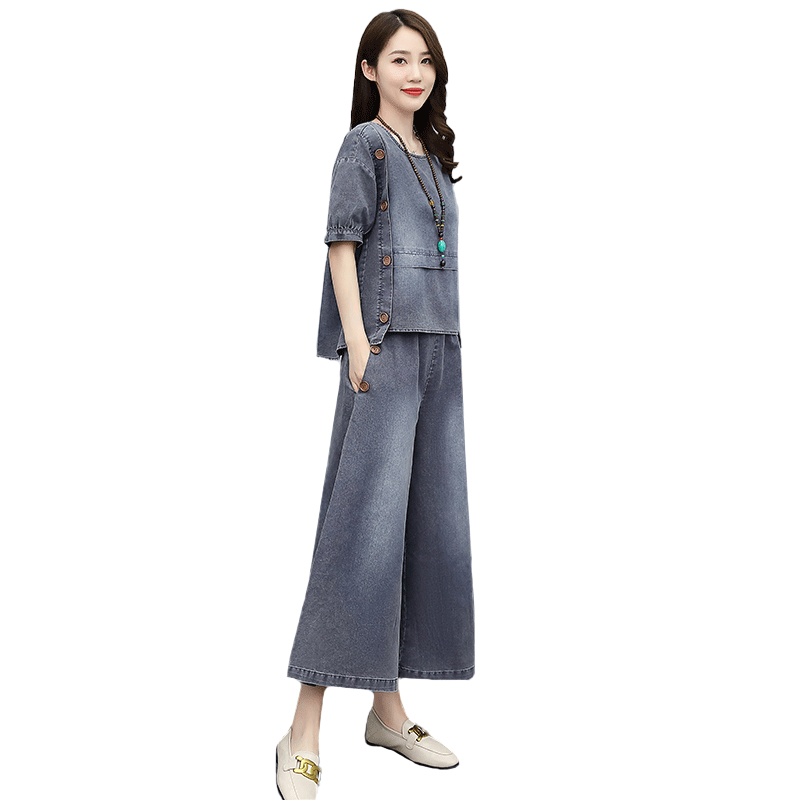 天丝牛仔套装女夏季2025新款两件套阔腿裤宽松韩版显瘦气质休闲裤