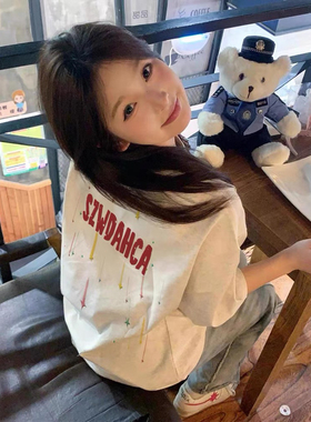 美式纯棉白灰色短袖t恤女童夏季2025新款设计感学生宽松半袖上衣