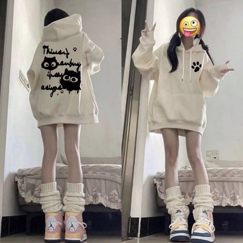 女童美式字母猫咪印花连帽卫衣初中生秋冬季加绒宽松学生上衣外套