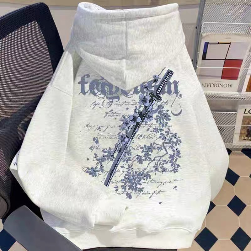 美式高街樱花剑印花连帽卫衣秋冬季男女童宽松百搭潮牌加绒厚上衣