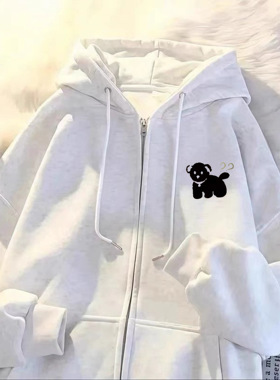 女童美式慵懒风白灰色开衫连帽卫衣2025新款春秋拉链薄款学生外套