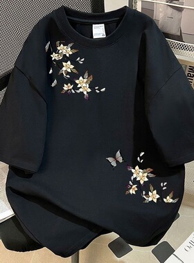 纯棉黑色短袖t恤女童2026新款蝴蝶花卉印花夏季学生宽松半袖上衣