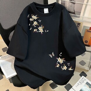 纯棉黑色短袖t恤女童2026新款蝴蝶花卉印花夏季学生宽松半袖上衣