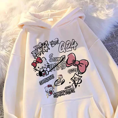 美式潮流凯蒂猫字母连帽卫衣女童秋冬新款中大童加绒加厚外套上衣