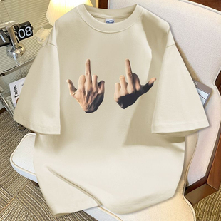 纯棉国潮友好手势印花夏季 T恤男女童宽松小众百搭圆领上衣潮 短袖