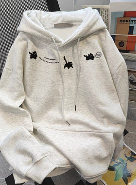 美式vintage连帽卫衣女童秋冬新款设计感印花白灰色纯棉宽松上衣