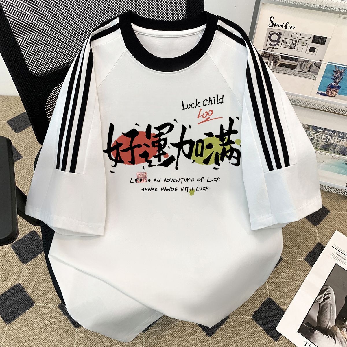 三条杠短袖t恤男女童好运加满印花美式ins纯棉夏季宽松半袖上衣潮