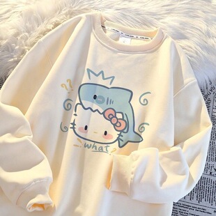 日系甜美卡通kt猫印花圆领卫衣女童秋冬季设计感小众加绒加厚上衣