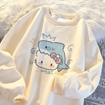 日系甜美卡通kt猫印花圆领卫衣女童秋冬季设计感小众加绒加厚上衣