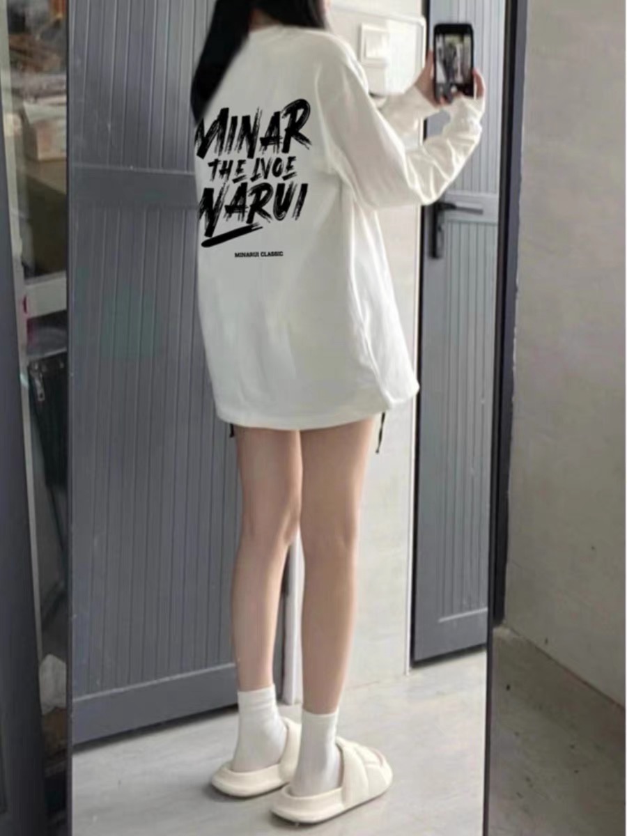 白色美式字母印花纯棉长袖T恤女童春秋款宽松oversize潮牌上衣