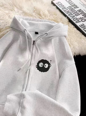 灰色设计感小众拉链外套卫衣男女童vintage百搭春秋连帽开衫上衣