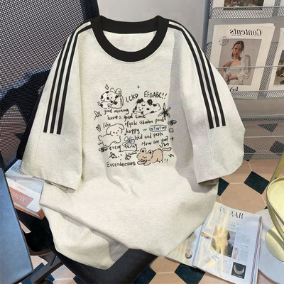 纯棉美式小狗字母印花短袖T恤女童2025夏季三条杠卡通宽松上衣潮