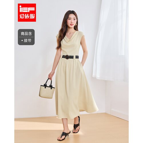 IEF/爱依服2026夏秋新款法式优雅荡领收腰连衣裙女显瘦气质长裙