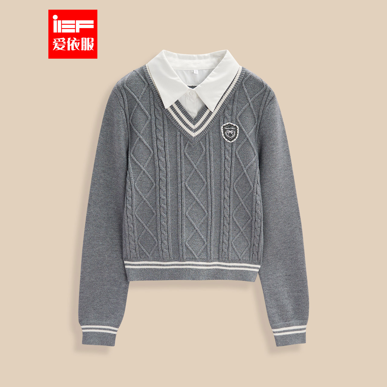 IEF/爱依服2025秋冬新款英伦学院风通勤百搭假两件设计感毛织上衣