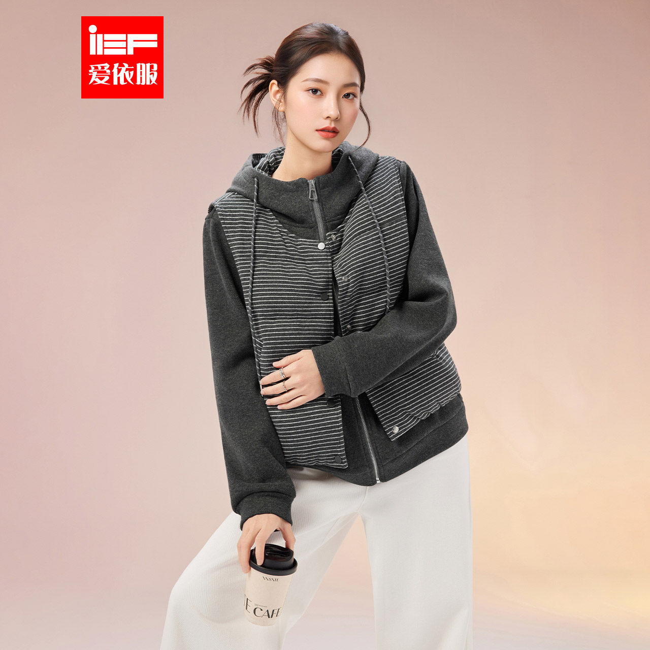 IEF/爱依服2025冬季新款棉衣外套韩版休闲风条纹两件套百搭慵懒风