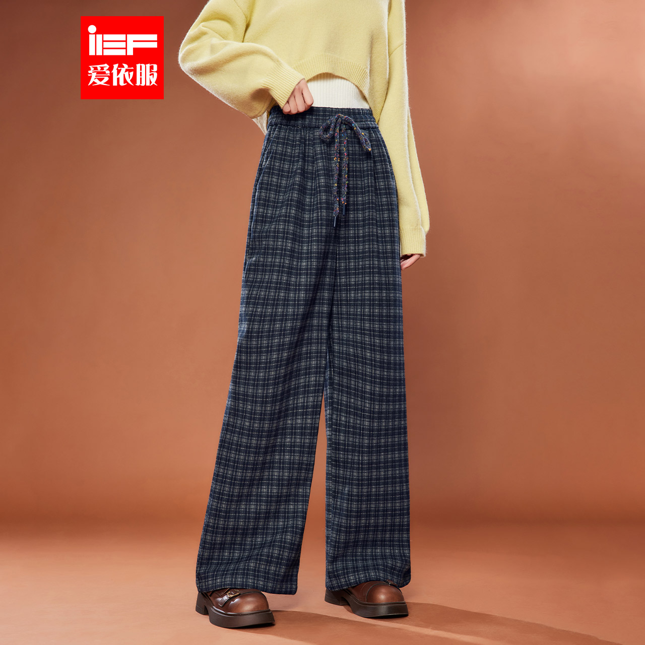 IEF/爱依服裤子2025秋季新款韩版时尚休闲慵懒风格子百搭阔腿裤