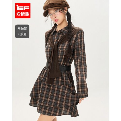 IEF/爱依服2026秋季新款复古学院风格子衬衫连衣裙女长袖收腰显瘦