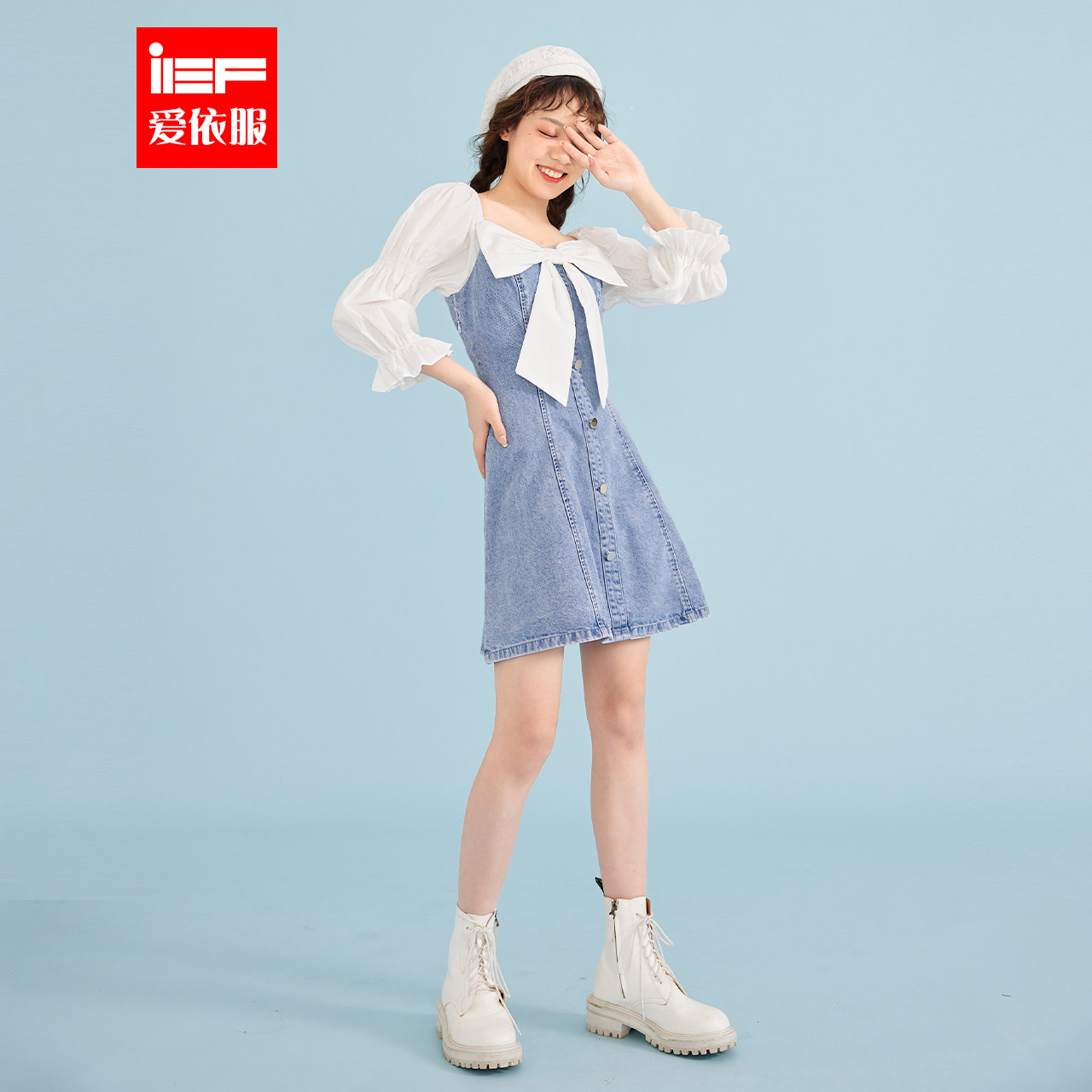3IEF/爱依服长袖连衣裙女2021年春夏新款韩版减龄蝴蝶结拼接牛仔裙