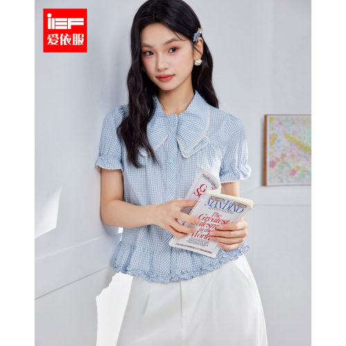 IEF/爱依服2026夏季新款甜美可爱风短袖女薄款格纹翻领波浪边衬衫