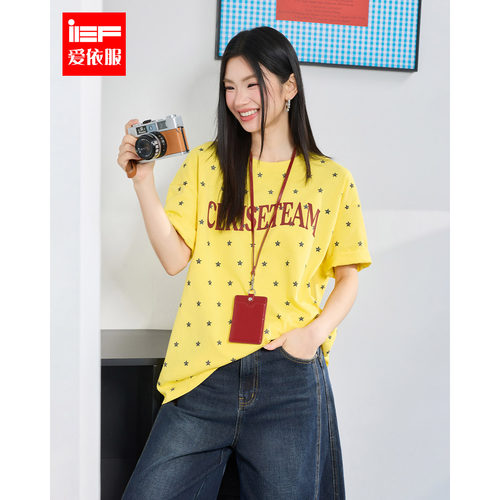 IEF/爱依服2026夏季新款美式星星印花短袖黄色字母减龄百搭上衣