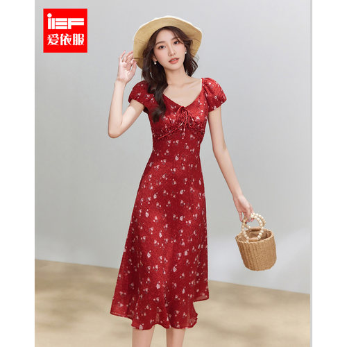 IEF/爱依服2026夏季新款法式温柔风碎花连衣裙女V领收腰显瘦百搭