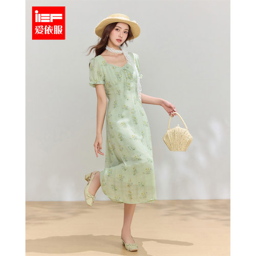 IEF/爱依服2026夏季新款法式碎花连衣裙女方领泡泡袖淑女度假风