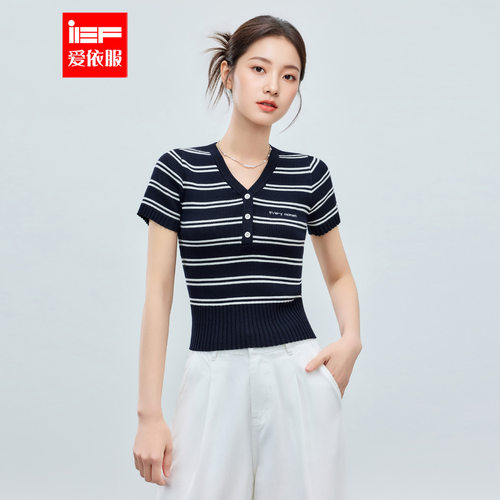 IEF/爱依服2026夏季新款短袖条纹针织衫女夏V领修身休闲百搭上衣