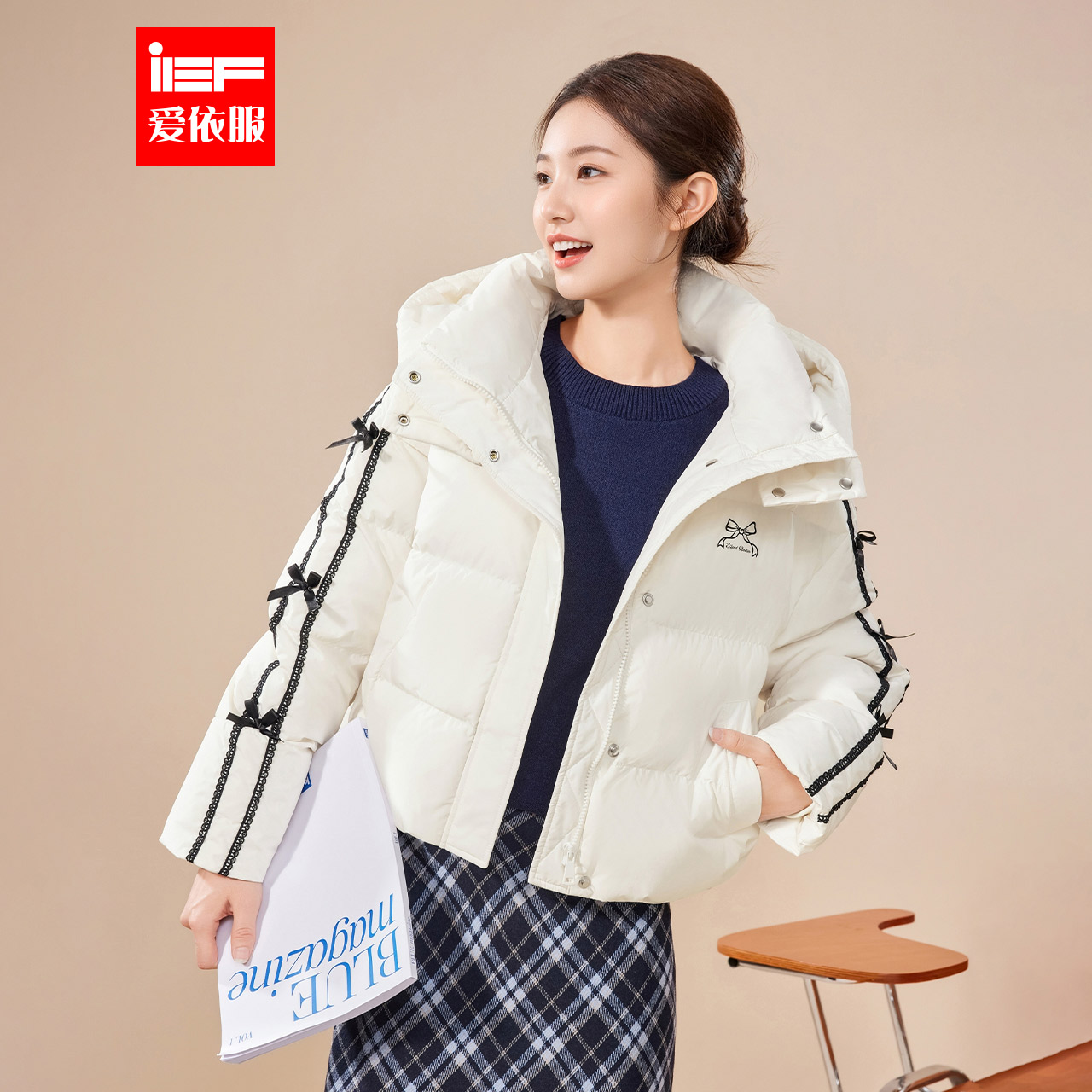 IEF/爱依服2025冬季新款韩版甜美减龄气质蝴蝶结白鸭绒羽绒外套